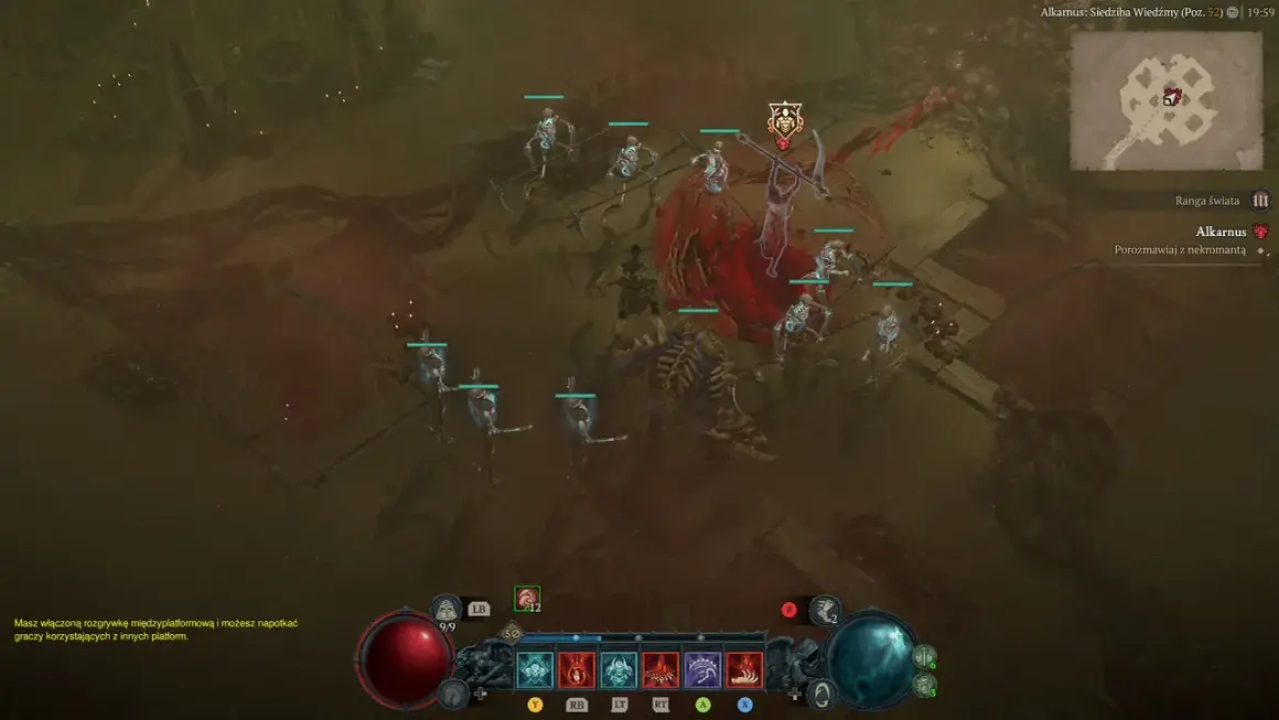 W walce o twierdze w Diablo 4, armia szkieletów i potężny kościany potwór atakują.
