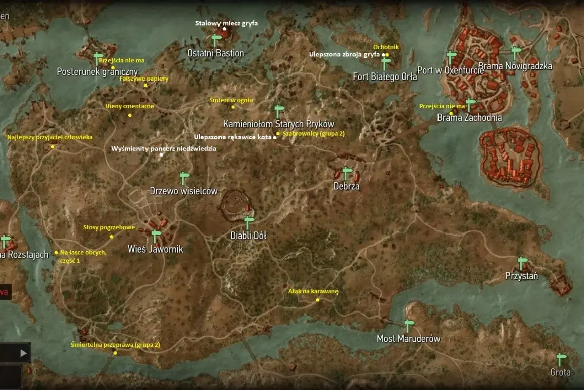 Mapa z Wiedźmina 3, z zaznaczonymi miejscami, w tym "Wyśmienity pancerz niedźwiedzia" - klucz do zdobycia zbroi Wiedźmin 3 niedźwiedzia.