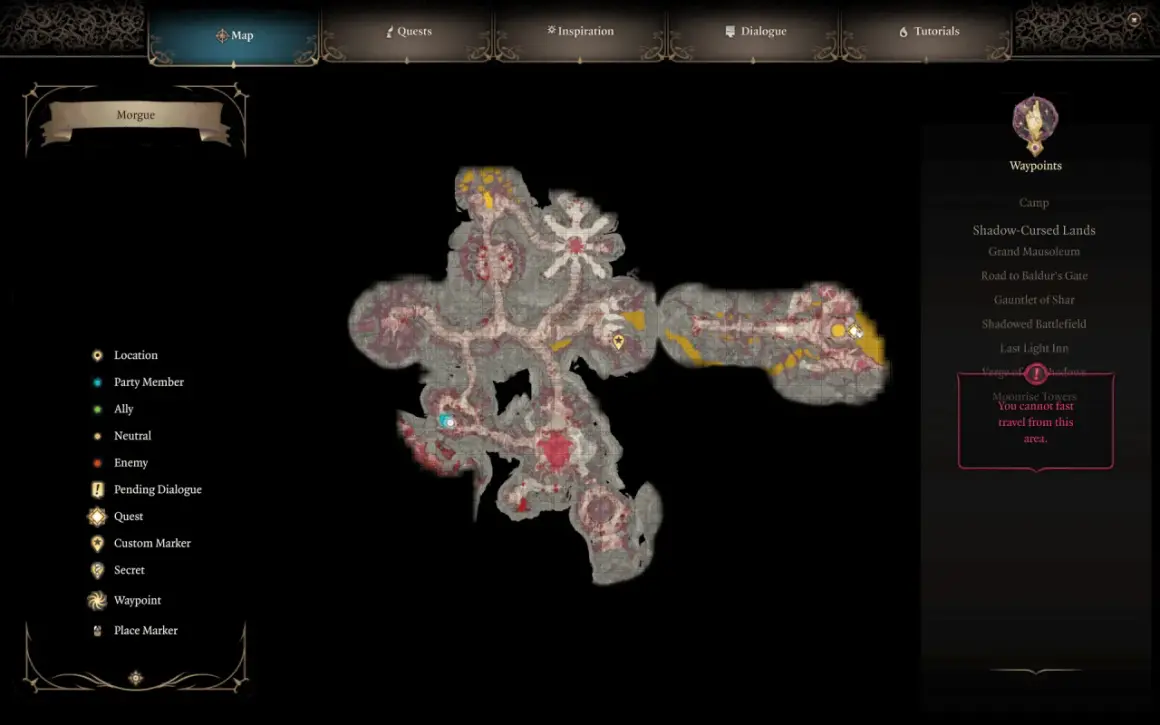 Mapa BG3 akt 2: Morgue. Widoczna jest mapa podziemi z zaznaczonymi punktami, w tym sojusznikiem i wrogami.