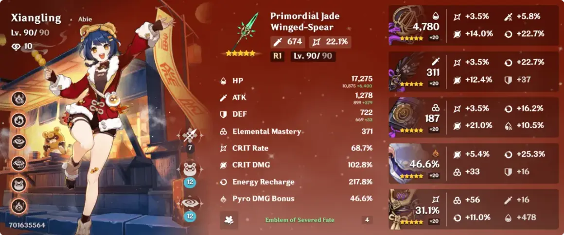 Xiangling z Genshin Impact, poziom 90, z włócznią Primordial Jade Winged-Spear i artefaktami Emblem of Severed Fate.