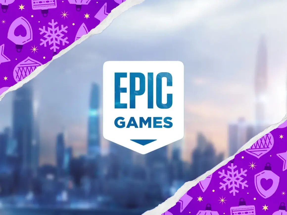 Logo Epic Games na tle miasta, otoczone świątecznymi ozdobami. Czyżby zapowiedź kolejnych epic games leaks?