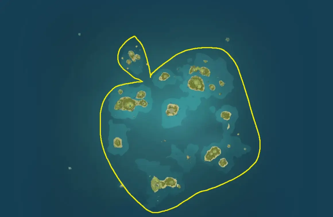 Mapa archipelagu wysp w kształcie jabłka, otoczona żółtą obwódką.