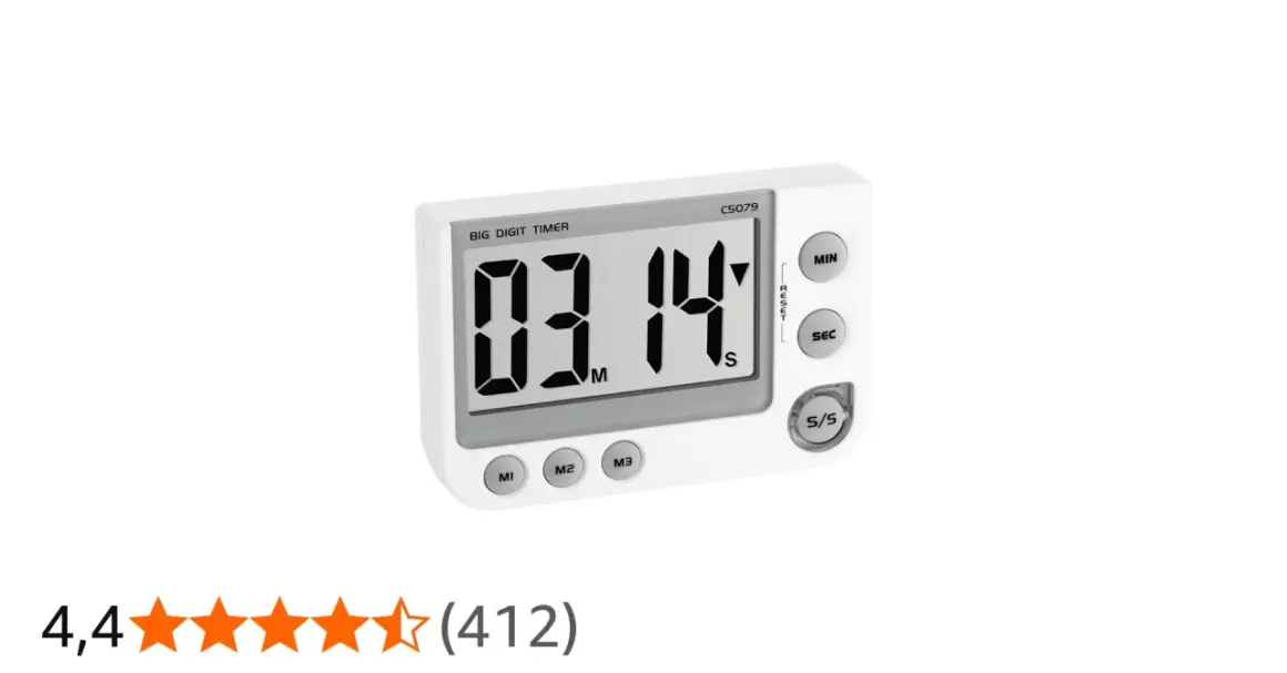 Biały timer kuchenny z dużym wyświetlaczem pokazuje 03:14. Idealny do gotowania lub gry w Metin2.
