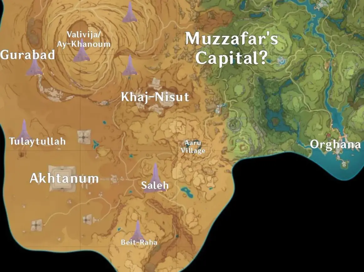 Mapa Genshin Sumeru z zaznaczonymi lokacjami: Gurabad, Tulaytullah, Akhtanum, Valivija/Ay-Khanoum, Khaj-Nisut, Aaru Village, Saleh, Beit-Raha i Orghana.