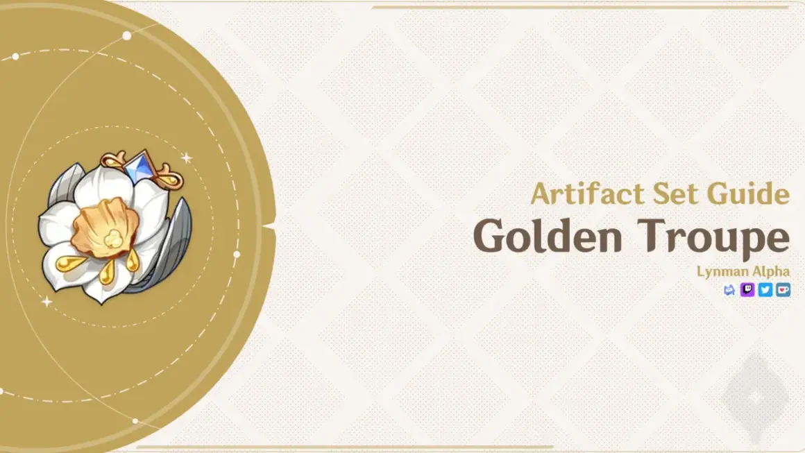 Przewodnik po zestawie artefaktów Golden Troupe z Genshin Impact. Biały kwiat z złotymi detalami.