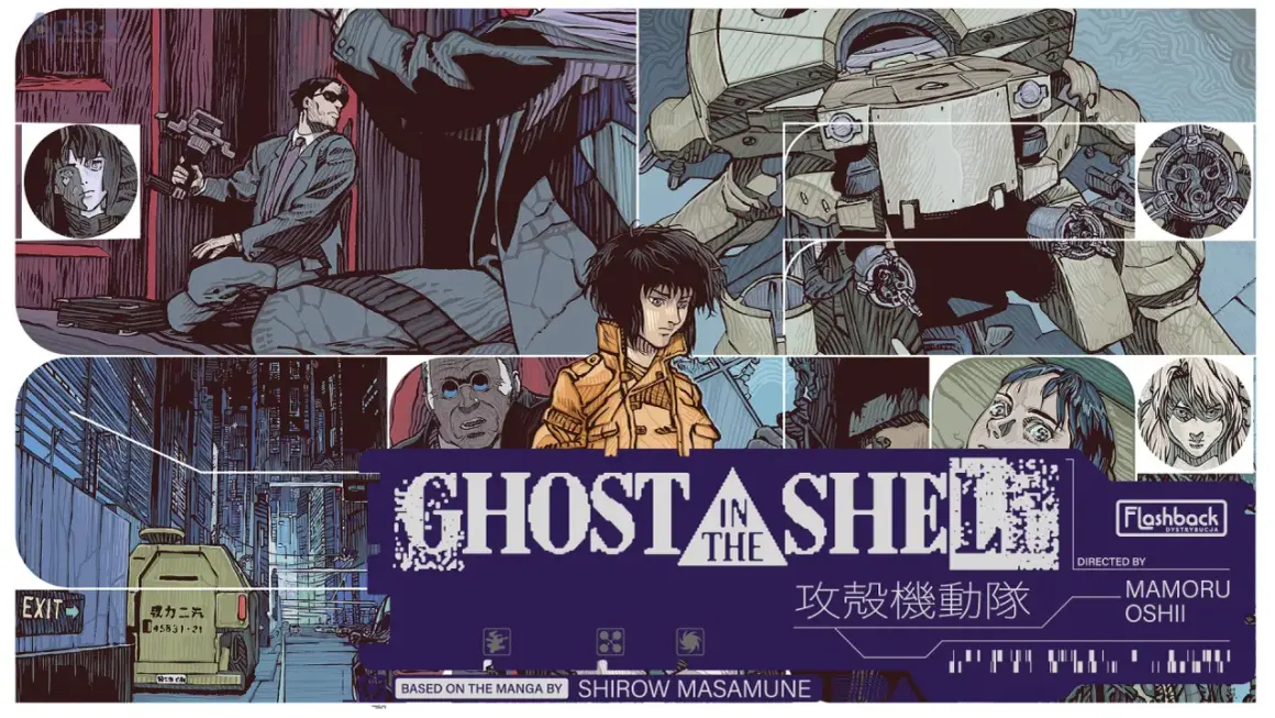 Kolaż z motywami orient anime, przedstawiający postacie i sceny z Ghost in the Shell, w tym Motoko Kusanagi i czołg.