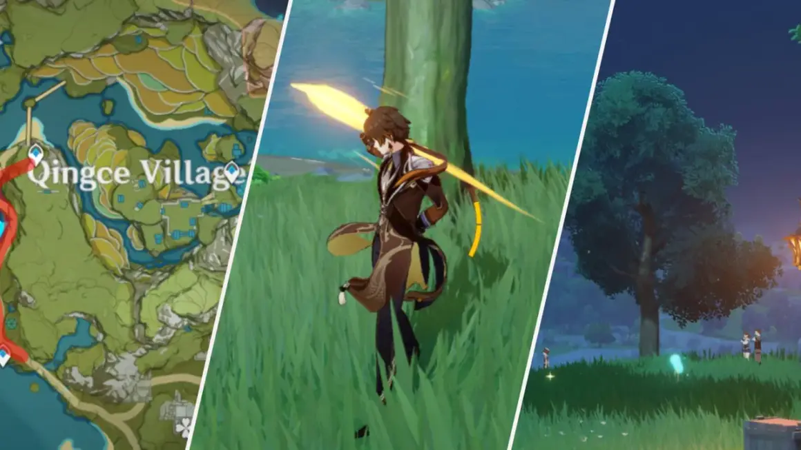 Mapa Qingce Village, postać z Genshin Impact zbierająca sandbearer wood, nocny krajobraz z drzewem.
