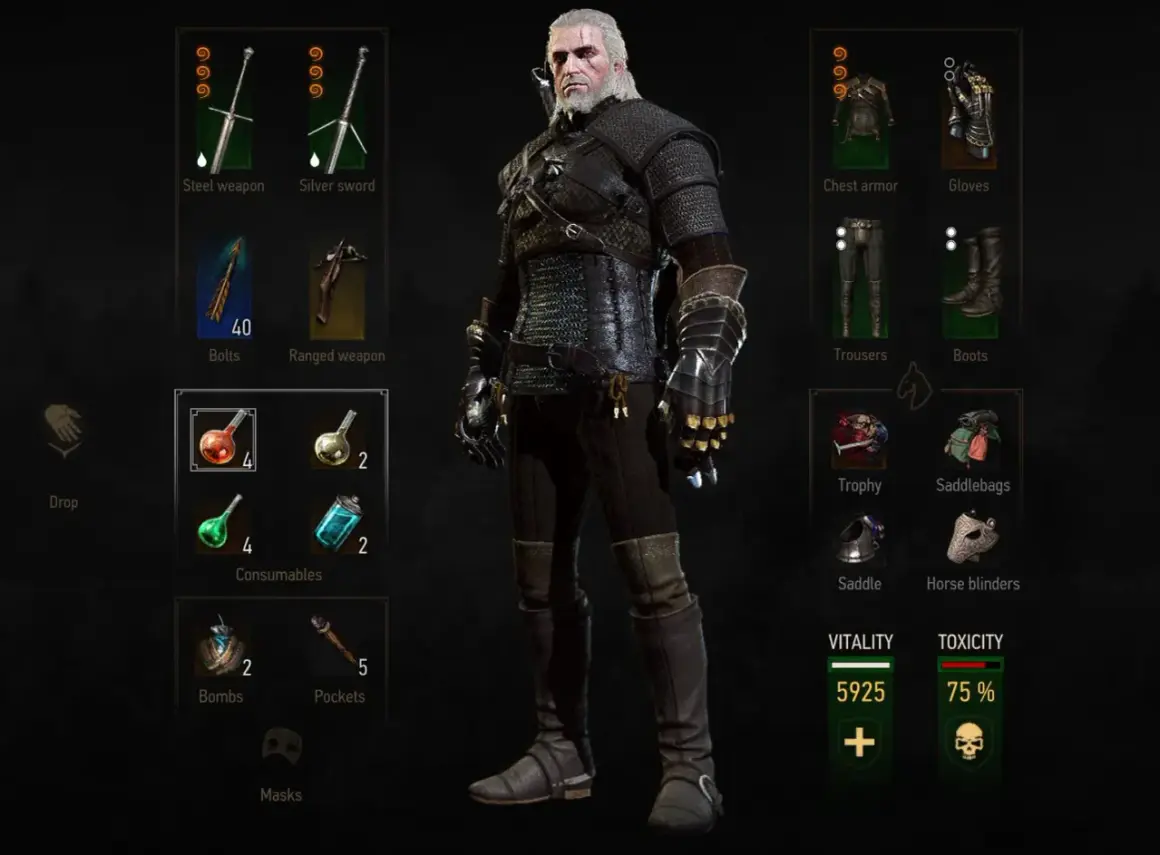 Geralt w zbroi Wróbla (Witcher 3 Viper Armor), z mieczami, eliksirami i ekwipunkiem.