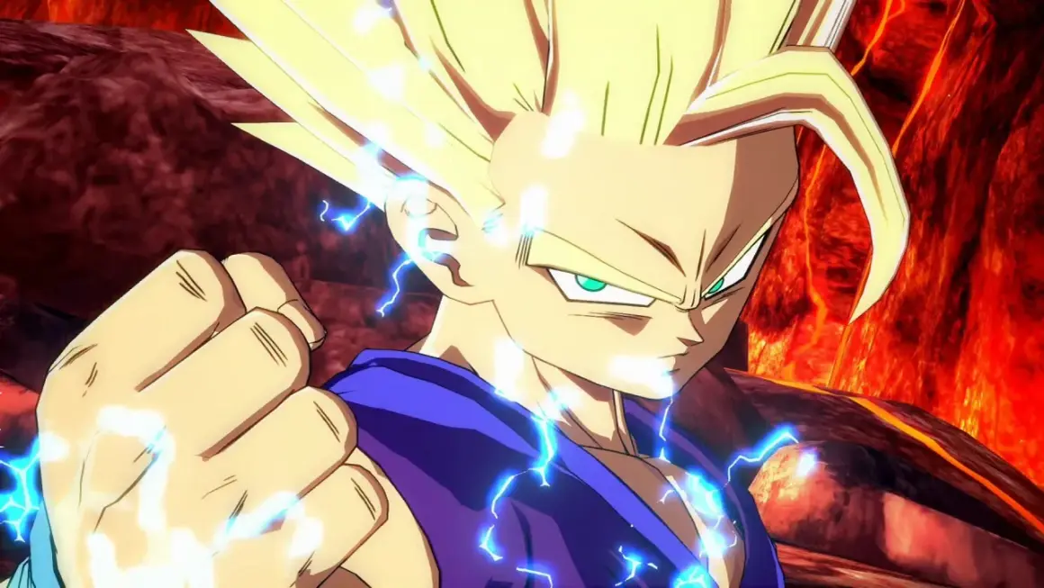 Gohan w formie Super Saiyanina, otoczony niebieskimi błyskawicami, gotowy do walki w grze Dragon Ball RPG.