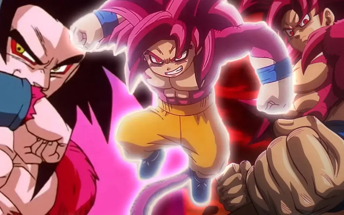 Goku Super Saiyan 4 w akcji, otoczony różową aurą, szykuje się do ataku. Obok niego widać inne postacie w tej samej formie.