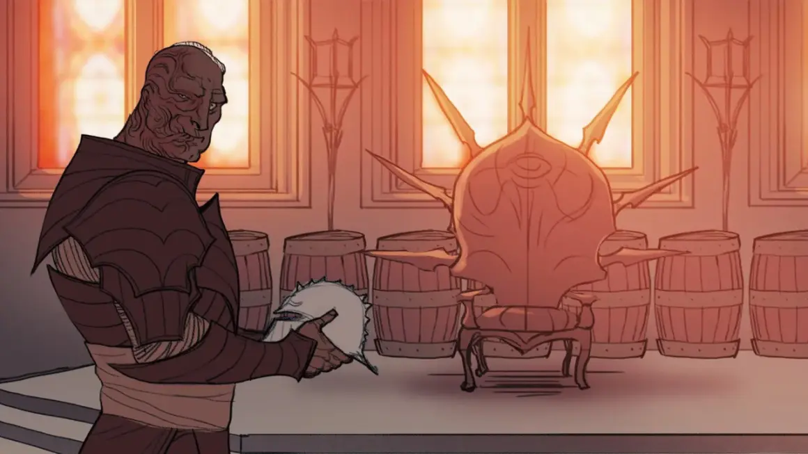 Mroczny wojownik w zbroi trzyma hełm, stojąc przed tronem. Scena z Dragon Age: Inquisition, gdzie smoki są zagrożeniem.