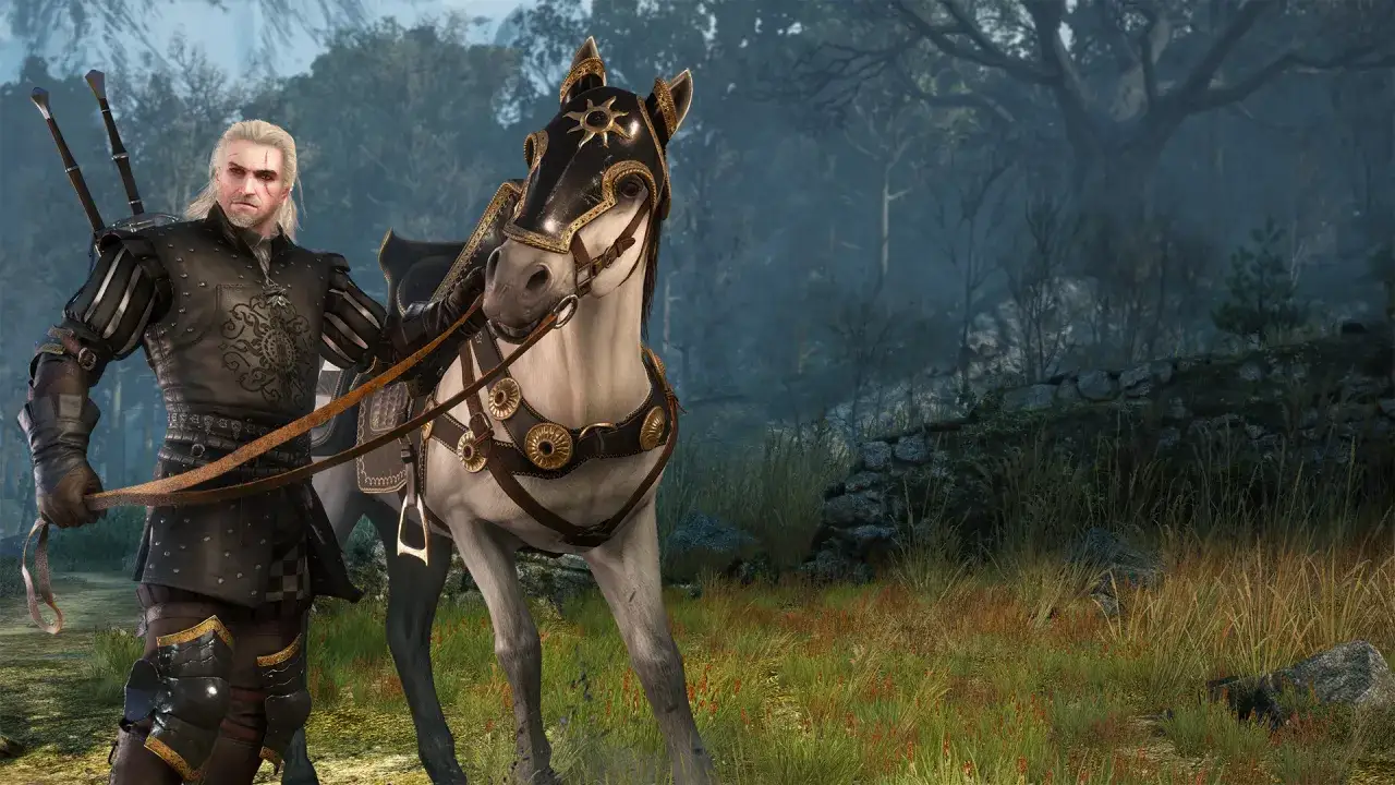 Geralt w zbroi nilfgaardzkiej z Wiedźmina 3, obok swojego konia w ozdobnej uprzęży, stoi na tle leśnego krajobrazu.
