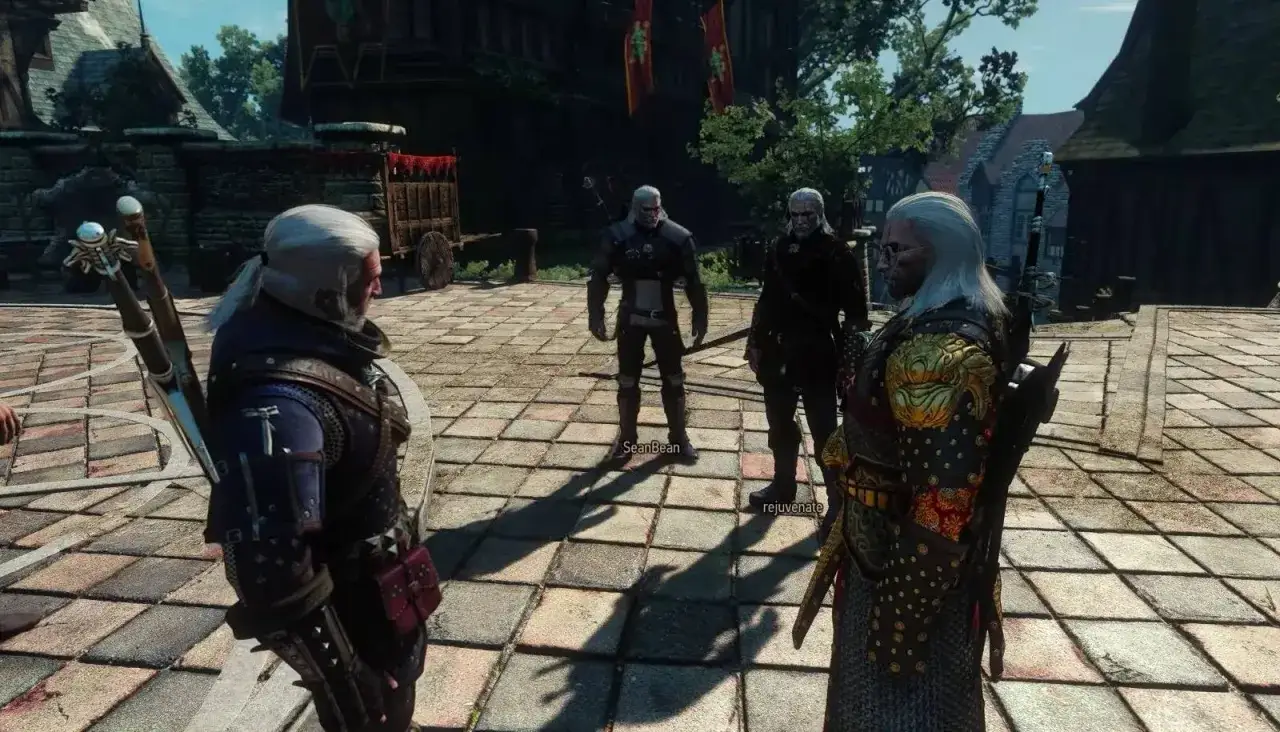 Geralt i jego towarzysze w wiedzmin 3 online, gotowi na kolejne zadanie.