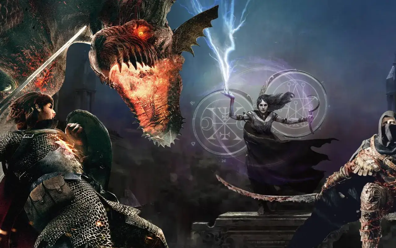 Smok atakuje rycerza, podczas gdy czarodziejka rzuca zaklęcie. Epicka scena z gry Seven Knights 2.