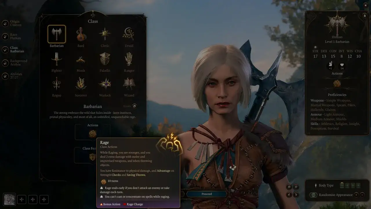 Kobieta bg3 barbarian z toporem, wybiera klasę postaci.