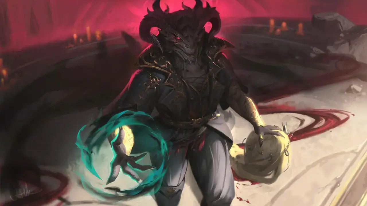 Mroczny warlock BG3, smokopodobny, z płonącymi oczami, trzyma w dłoni magiczną kulę i głowę ofiary.