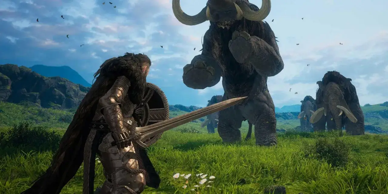 Wojownik z mieczem i tarczą stawia czoła gigantycznym mamutom w świecie inspirowanym odin valhalla rising.