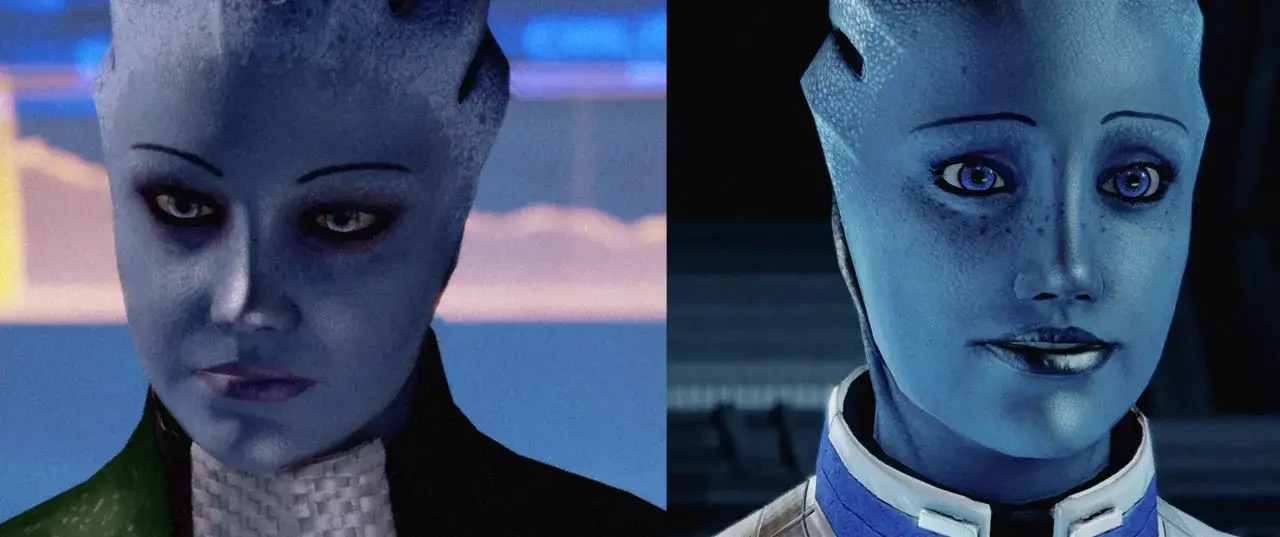 Dwie wersje Liary z Mass Effect: jedna z niebieskim tłem, druga z ciemnym.