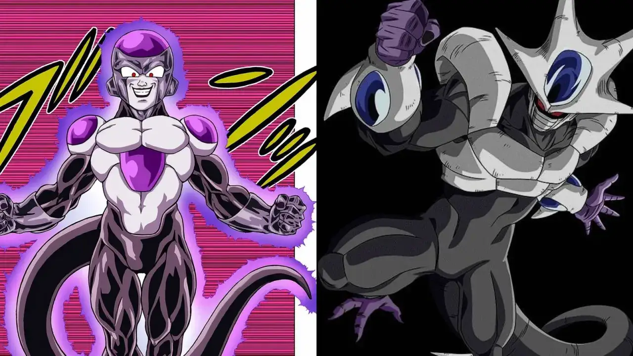 Frieza z Dragon Ball po lewej, z fioletową aurą i złowieszczym uśmiechem. Po prawej jego brat Cooler, w swojej ostatecznej formie, gotowy do walki.