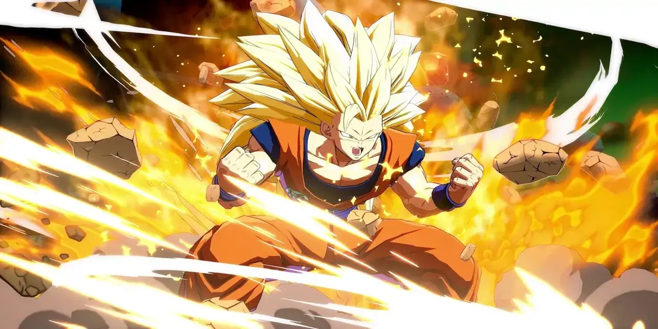 Goku w formie SSJ3 z długimi, złotymi włosami, otoczony płomieniami i odłamkami skał, szykuje się do ataku.