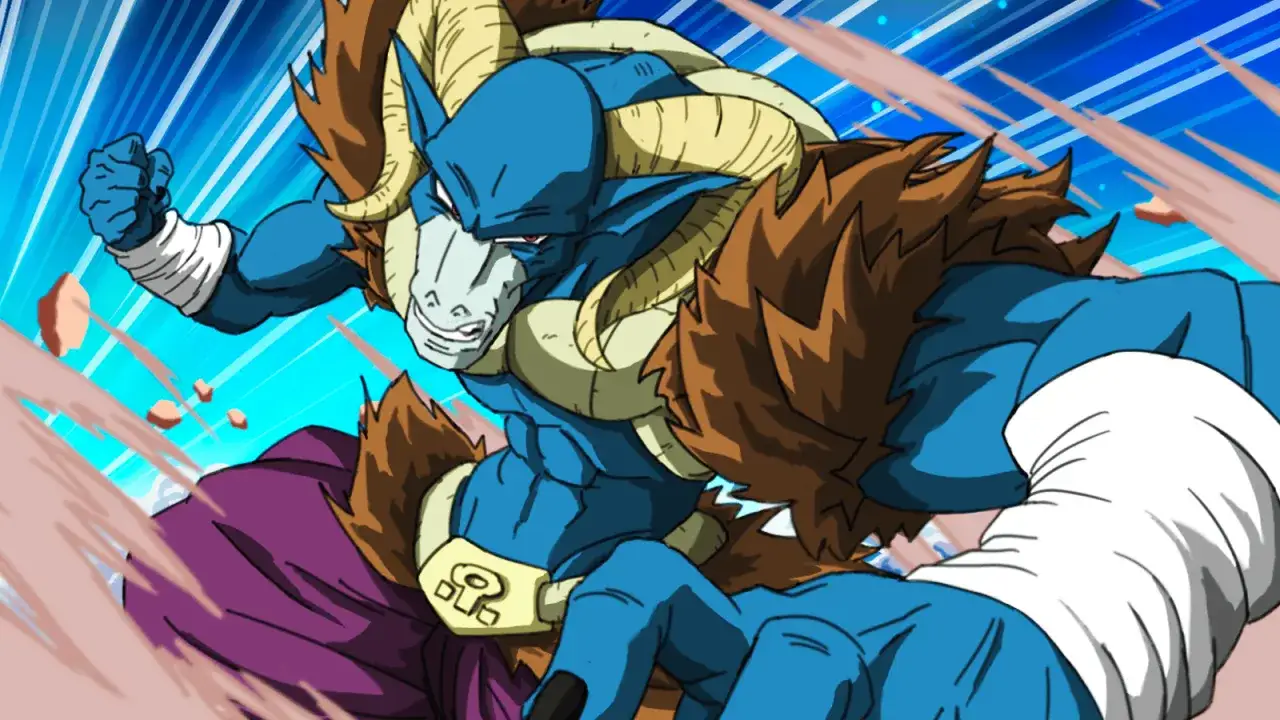 Moro, złowrogi mag z Dragon Ball, w akcji. Jego niebieska sk&oacute;ra i potężne rogi budzą grozę.
