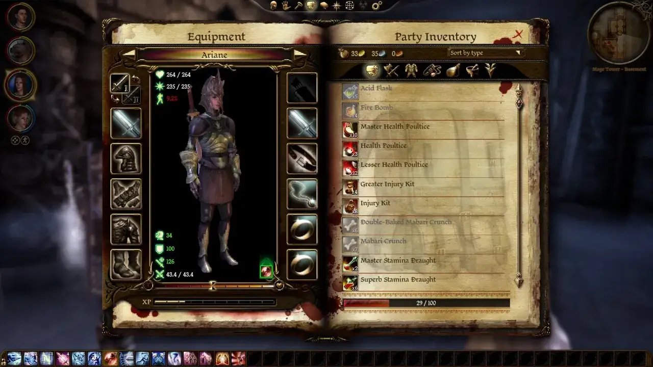 Interfejs gry Dragon Age Origins z ekwipunkiem postaci Arianne i listą przedmiotów. Widać tu ikony ekwipunku, statystyki postaci oraz przedmioty takie jak mikstury i bomby.
