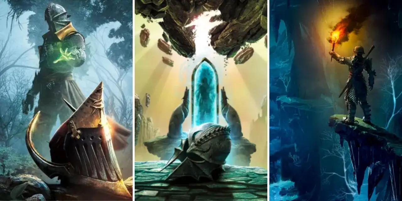 Trzy obrazy z gry Dragon Age: Inquisition DLC. Rycerz z zieloną magią, portal i odkrywca z pochodnią.