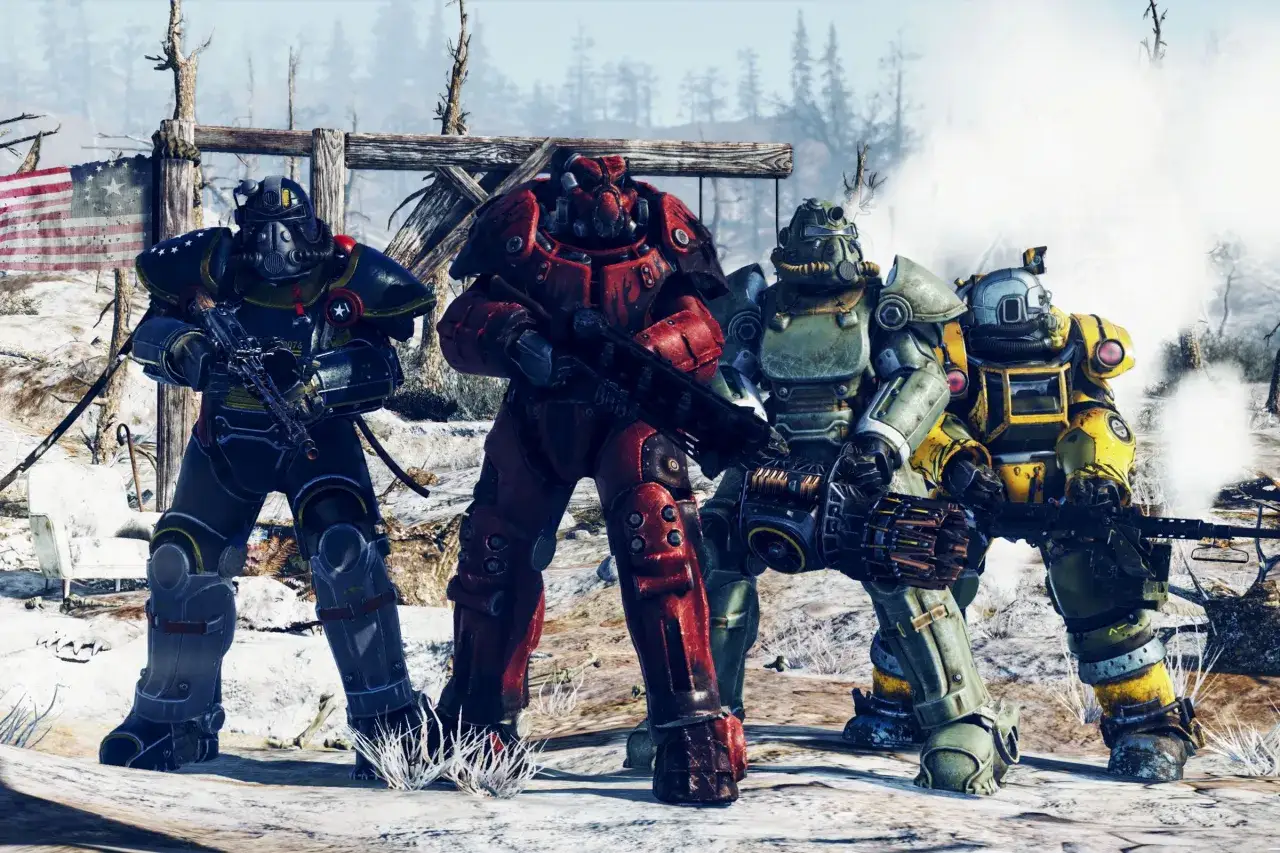 Czterech graczy w pancerzach wspomaganych, gotowych do walki w świecie fallout online.