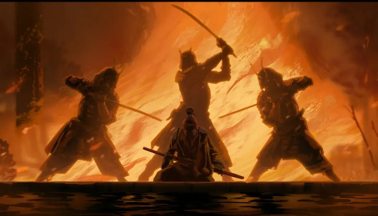 Samurajowie w ogniu, gotowi do walki. Scena jak z najlepszych gier samurai.