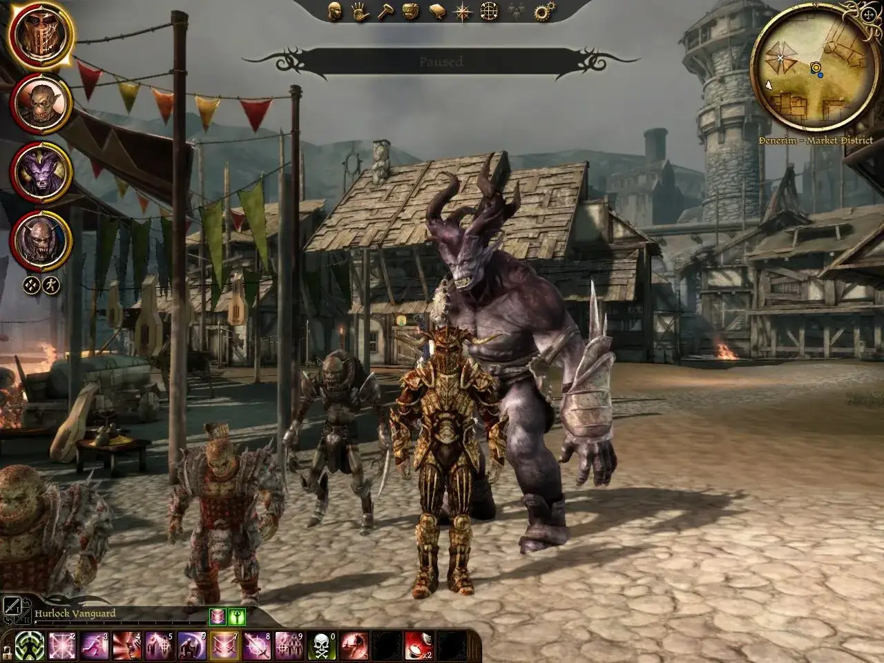 Postacie z Dragon Age: Origins DLC w Denerim. Potężny demon i jego towarzysze w zbrojach.