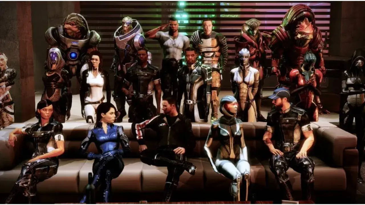 Grupa mass effect 3 companions w pełnym składzie, gotowa do walki. Od Garrusa po Liarę, wszyscy czekają na rozkazy.