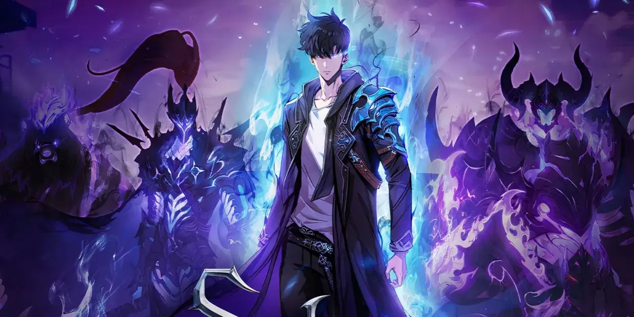 Sung Jinwoo z solo leveling anime otoczony przez mroczne cienie i niebieską energię, gotowy do walki.