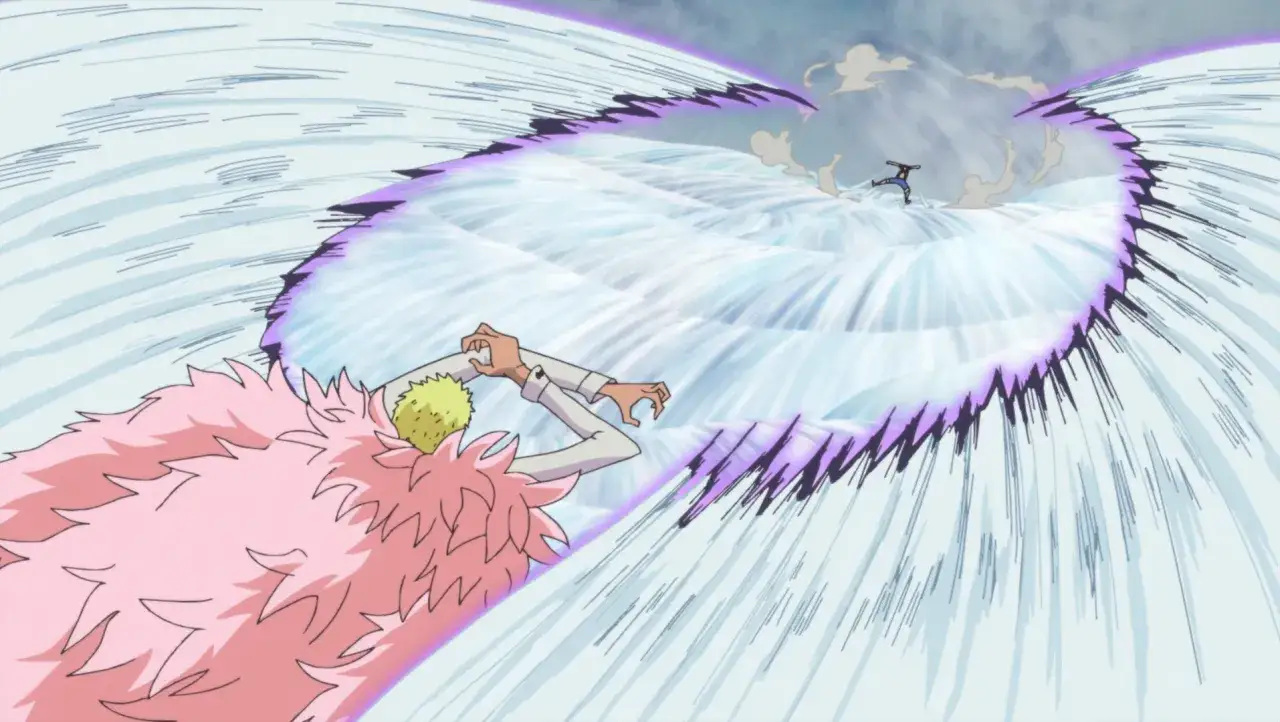 Doflamingo z One Piece tworzy gigantyczną falę, kt&oacute;ra pochłania małą postać.