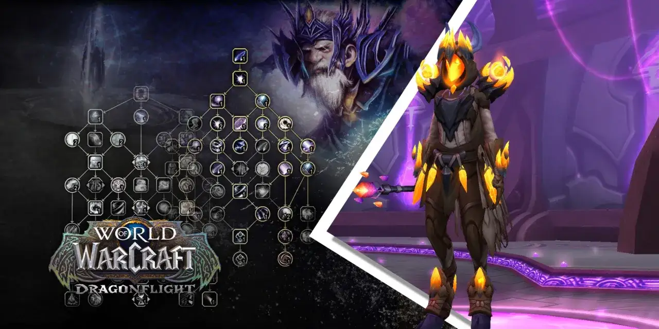 Drzewko talentów Arcane Mage i postać w zbroi z płomieniami, sugerujące optymalną arcane mage rotation w Dragonflight.