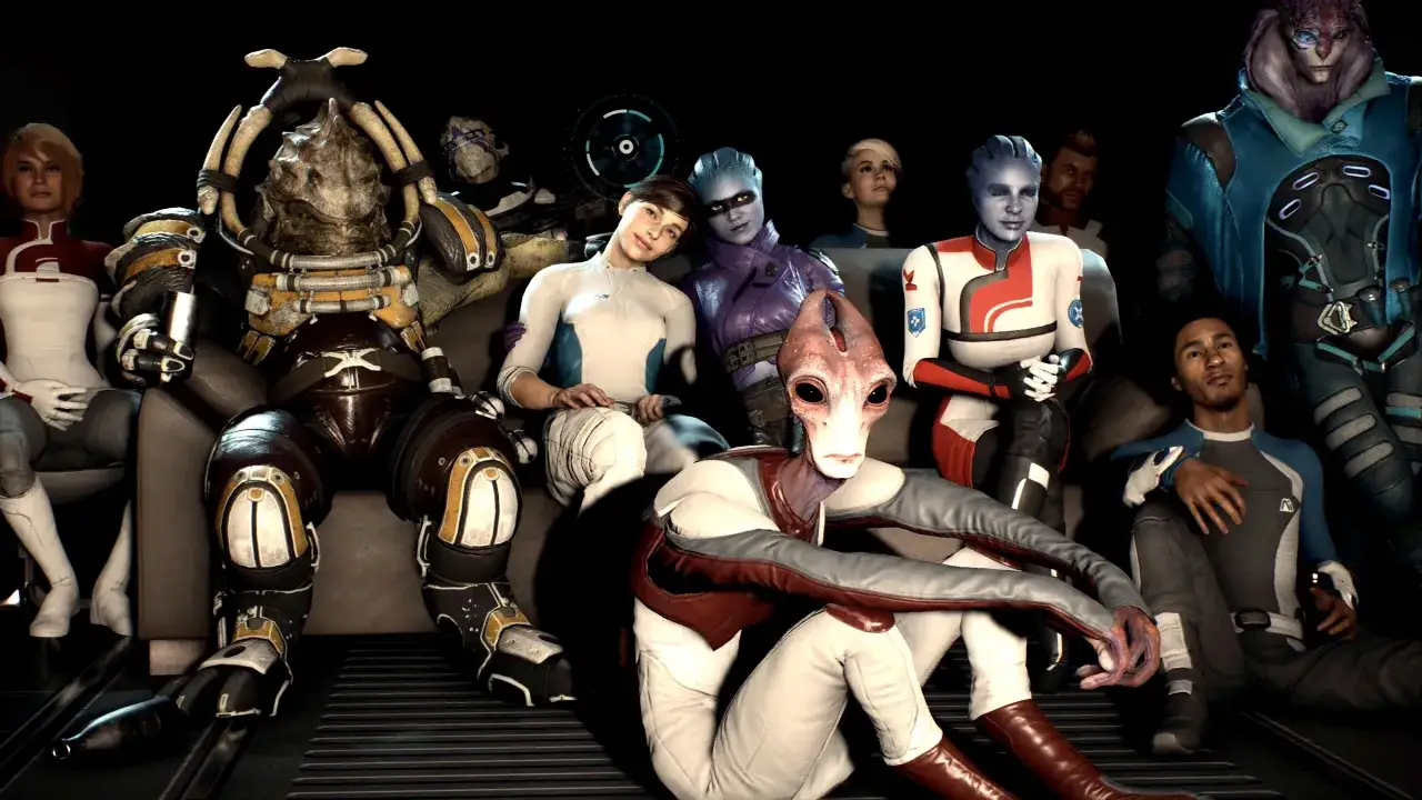 Grupa towarzyszy z Mass Effect 3 siedzi razem, od Garrusa po Liarę.