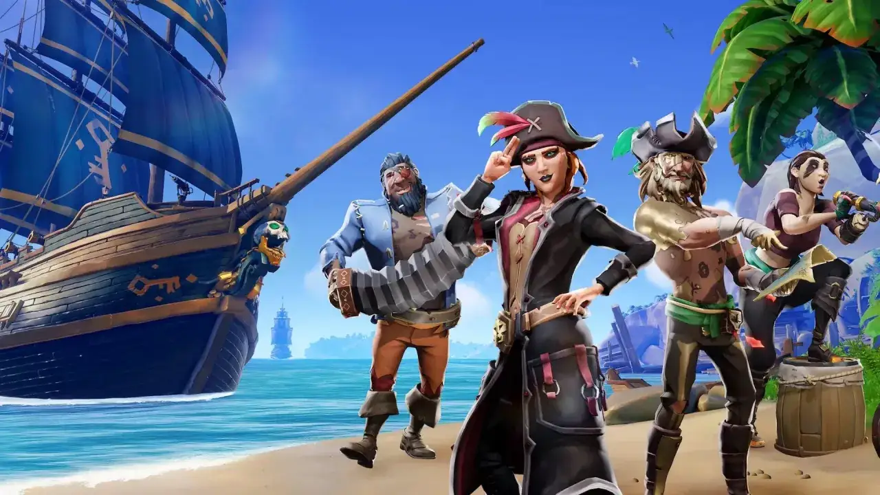 Załoga piratów na plaży, gotowa na nowe przygody. Ich okręt czeka na morzu, a w tle rozpościerają się tropikalne krajobrazy. To początek kolejnych opowieści o piratach.