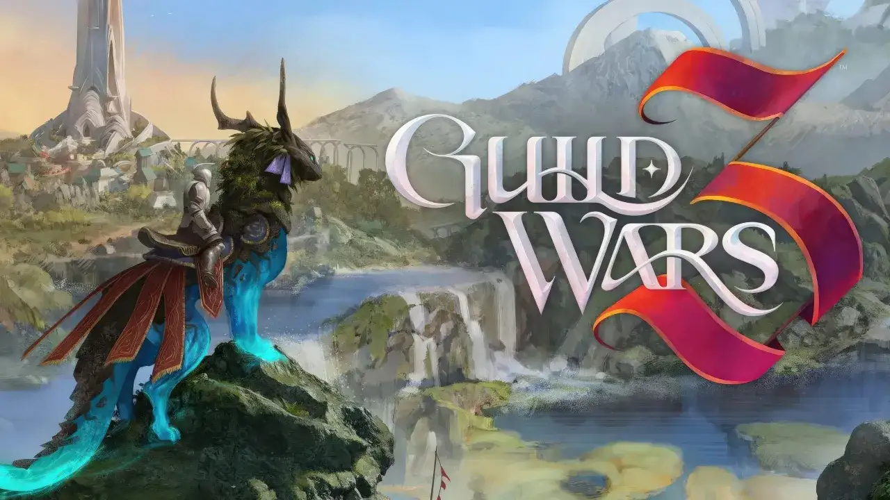 Rycerz na niebieskim, porośniętym mchem stworze z rogami, na tle wodospadów i gór. Logo Guild Wars 3.