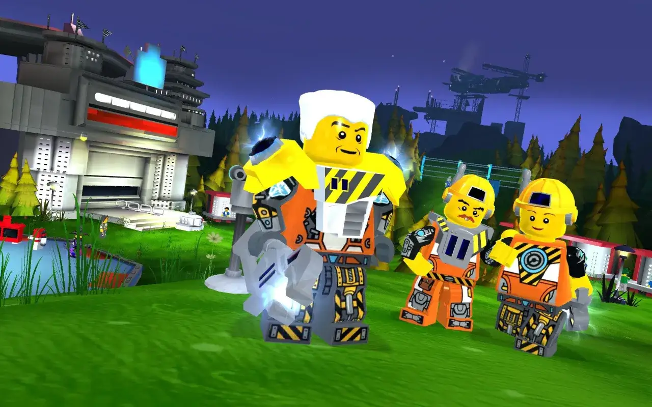 Trzej budowniczowie w kaskach i kombinezonach, gotowi do pracy w świecie Lego Universe.