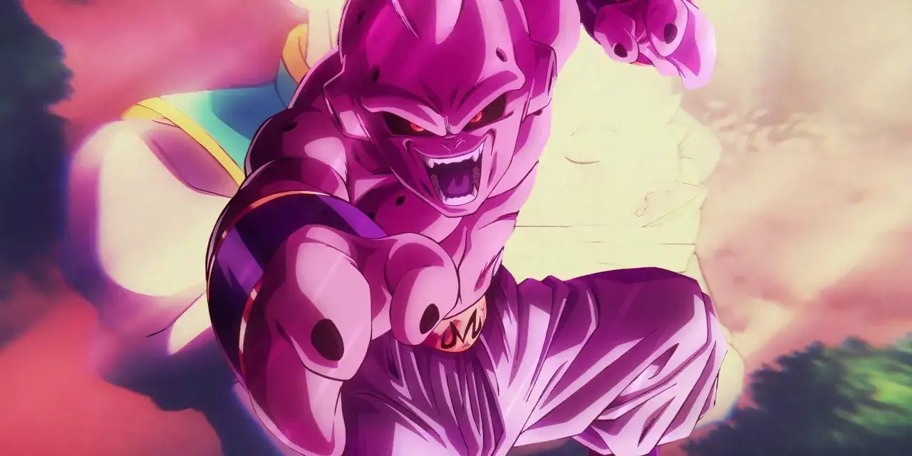 Kid Buu z Dragon Ball Z, z wściekłym wyrazem twarzy i czerwonymi oczami, przygotowuje się do ataku.
