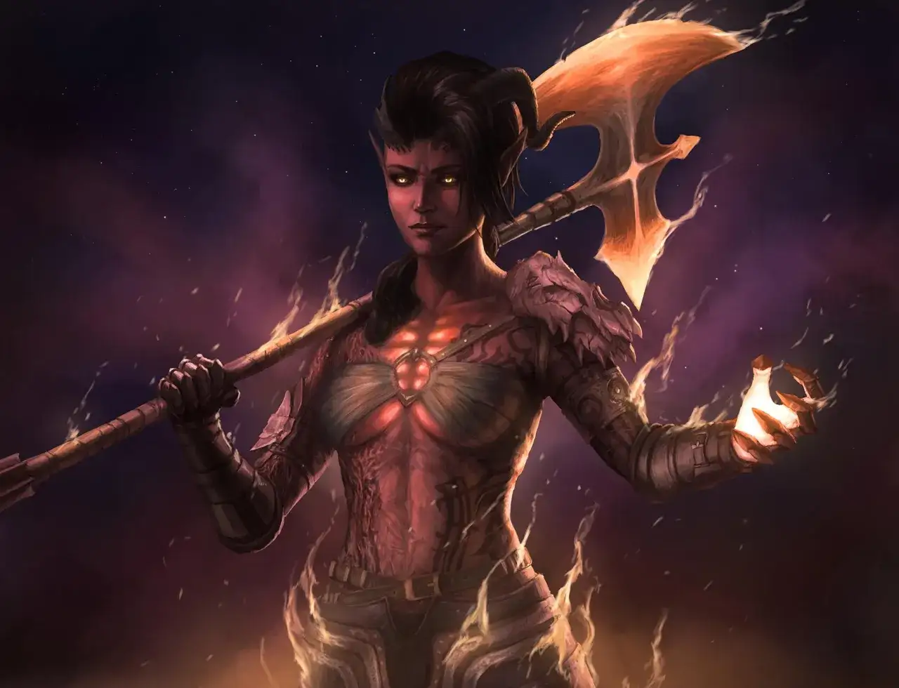 Karlach BG3, ognista diablice z Baldur's Gate 3, dzierży płonący topór, a jej dłoń emanuje żarem.
