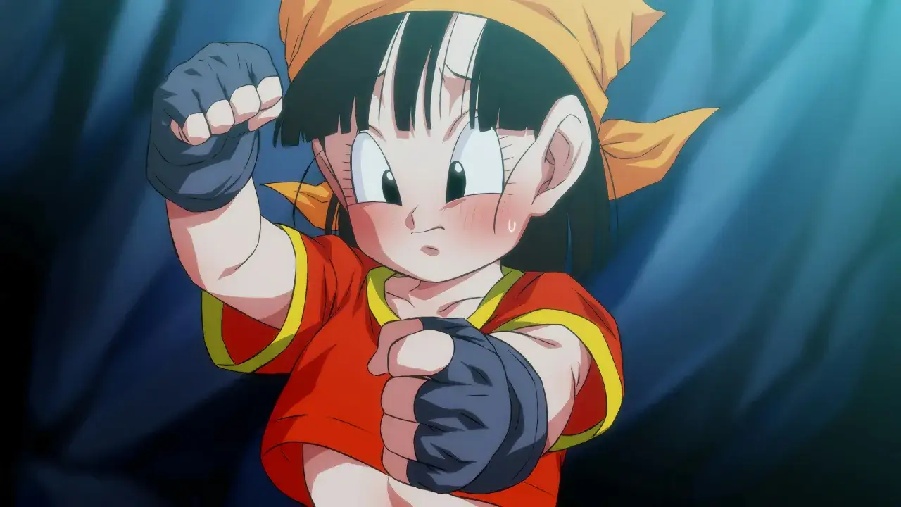 Pan z Dragon Ball w czerwonej bluzce i ż&oacute;łtej opasce na głowie, gotowa do walki.