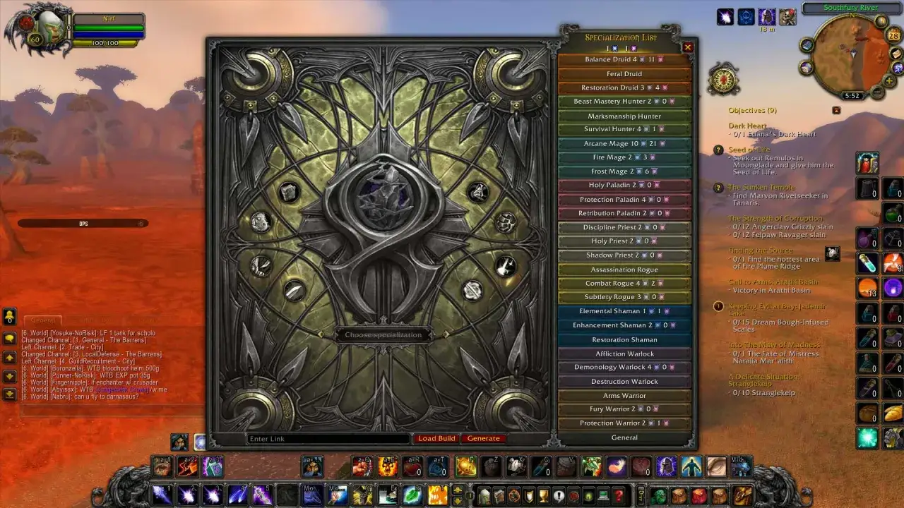 Gracz wybiera specjalizację w grze World of Warcraft na polskim serwerze. Widoczny jest interfejs gry z listą dostępnych specjalizacji, np.
