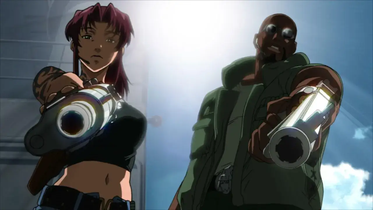 Revy i Rock z anime Black Lagoon celują z broni.