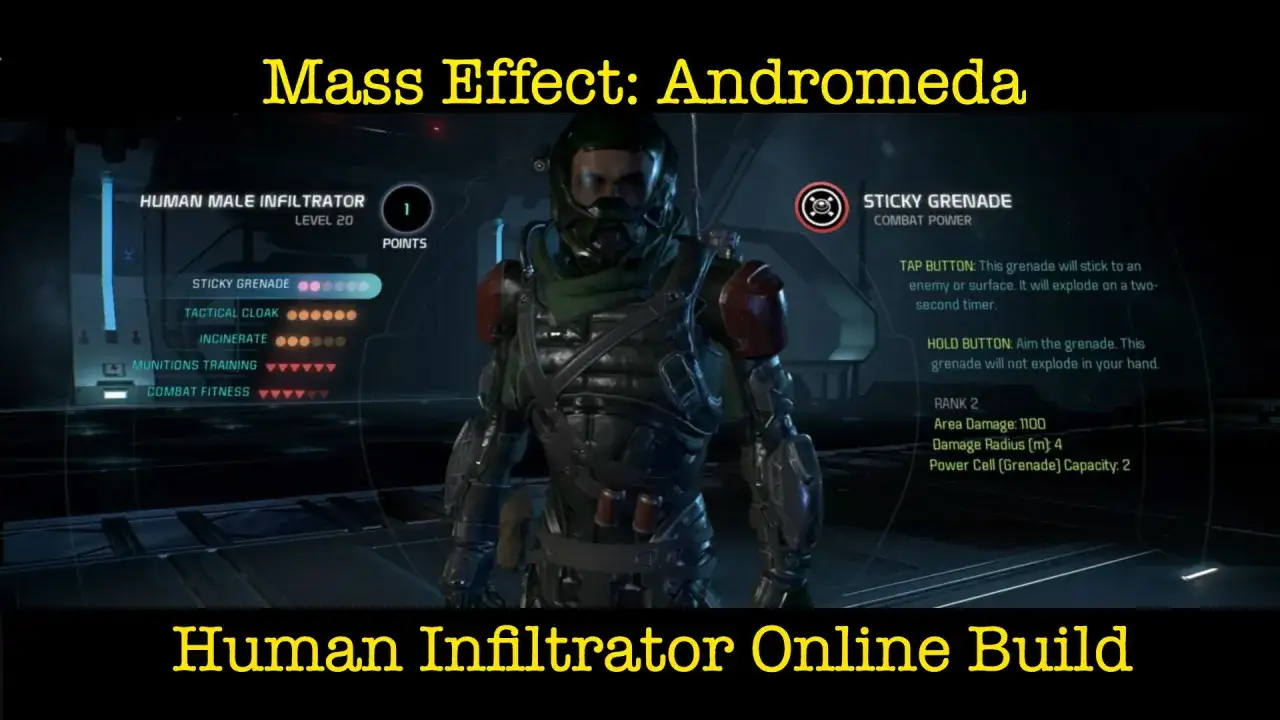 Postać ludzkiego infiltratora w grze Mass Effect: Andromeda, gotowa do akcji.