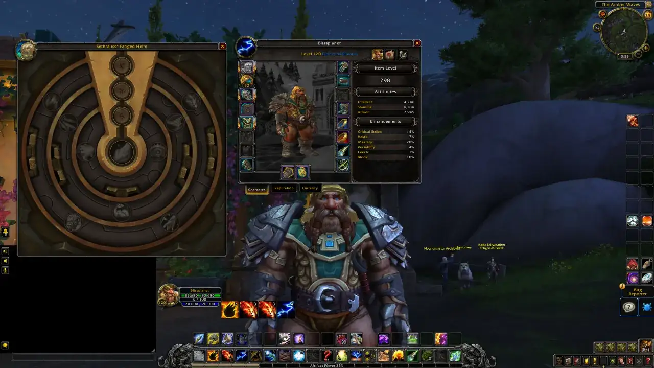 Dwarf szaman w grze, z ekwipunkiem i statystykami. Wow gra to świetna zabawa!