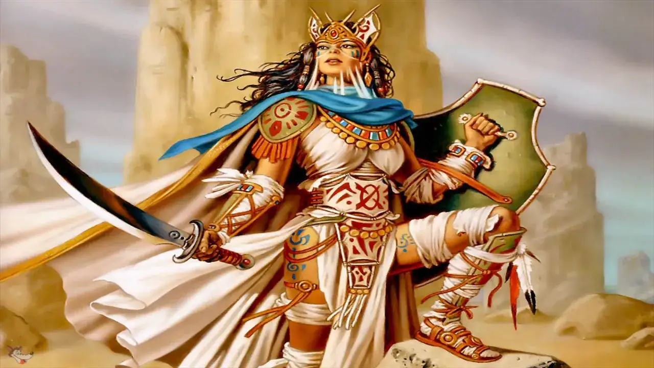 Wojowniczka w koronie i z mieczem, gotowa do walki. Jej zbroja i ozdoby nawiązują do stylu queen's blade.