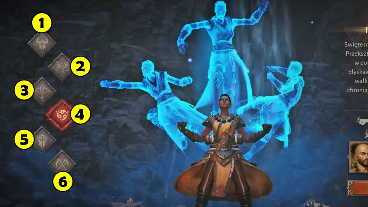 Postać z Diablo Immortal otoczona duchami, obok menu wyboru umiejętności. Czy to najlepsza klasa?