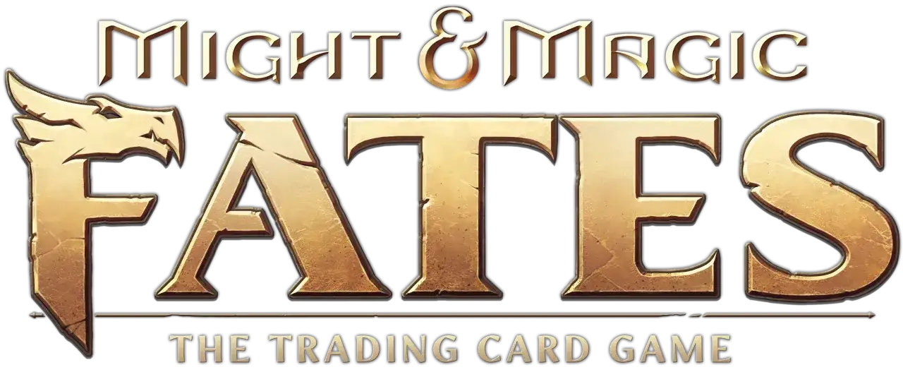 Might & Magic: Fates, The Trading Card Game. Złote litery na czarnym tle, z lewej strony głowa smoka.