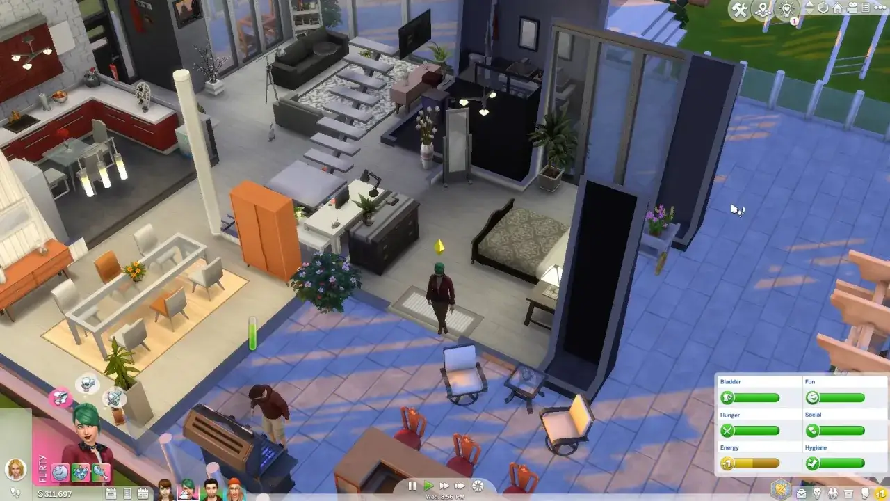 Wirtualny dom w Sims online: kuchnia, jadalnia, salon, sypialnia i taras. Postacie Sims żyją swoim życiem.