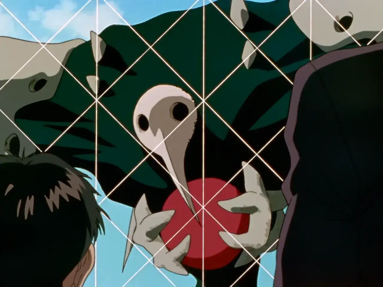 Anioł z Neon Genesis Evangelion odc 1 trzyma czerwoną kulę. Widzimy fragmenty postaci Shinji'ego i Misato.